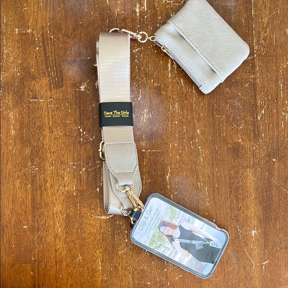 Save The Girls Tan Phone Holder with Strap and Mini Wallet